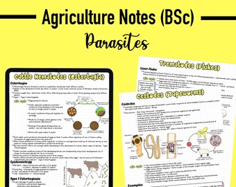 Puede incluir: Notas dibujadas a mano sobre un fondo amarillo sobre los parásitos que afectan al ganado. Las notas incluyen información sobre Ostertagia, Trematodes (duelas) y Cestodes (tenias). Las notas incluyen diagramas e ilustraciones de los parásitos y sus ciclos de vida.