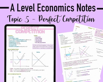 May include: A Level Economics notes on perfect competition. The notes include assumptions, examples, long-run equilibrium position, short-run equilibrium position, and graphs illustrating the concepts.