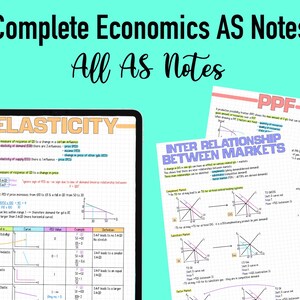 May include: A page of handwritten notes on economics, with the title "Elasticity" and a graph showing the relationship between price and quantity demanded. The notes include definitions and examples of different types of elasticity. The second page of notes is titled "Inter Relationship Between Markets" and includes a graph showing the relationship between the supply and demand of two complementary goods.