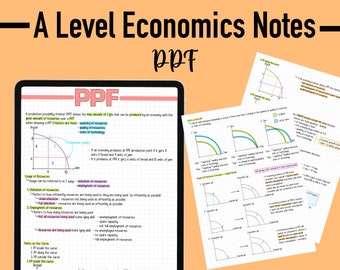 May include: A handwritten economics notes page with the title "A Level Economics Notes - PPF". The page includes a graph of a production possibility frontier (PPF) with labels for "bread" and "jam". The notes explain the concept of PPF and how it relates to the utilisation and employment of resources.