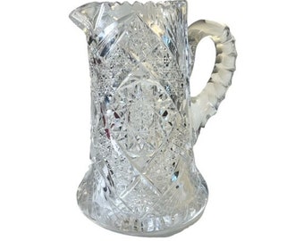 ABP Antique American Brilliant Period Cut Glass Crystal Water Pitcher Pinwheel Starburst Fan Notched Handle Sawtooth Rim Collectable 9 3/4"