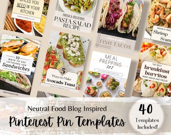 Neutral Tan Food Blog Inspired Pinterest Pin Templates | 40 Customizable Designs | Natural Recipe Templates | Canva Templates 1000x1500 pxls