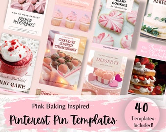 Pink Baking Inspired Pinterest Pin Templates | 40 Customizable Designs | Food Bloggers Templates | Canva Templates 1000x1500 pxls