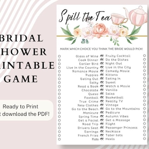 Spill the Tea | Bridal Shower Party Game | This or That | Printable PDF | Canva Design | Floral Party Game | Size 8.5&quot; x 5.5&quot;