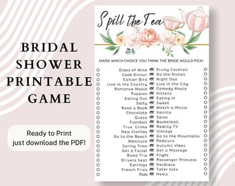 Spill the Tea | Bridal Shower Party Game | This or That | Printable PDF | Canva Design | Floral Party Game | Size 8.5&quot; x 5.5&quot;