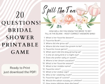 Spill the Tea | Bridal Shower Party Game | 20 Questions| Printable PDF | Canva Design | Floral Party Game | Size 8.5&quot; x 5.5&quot;
