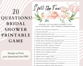 Spill the Tea | Bridal Shower Party Game | 20 Questions| Printable PDF | Canva Design | Floral Party Game | Size 8.5" x 5.5"