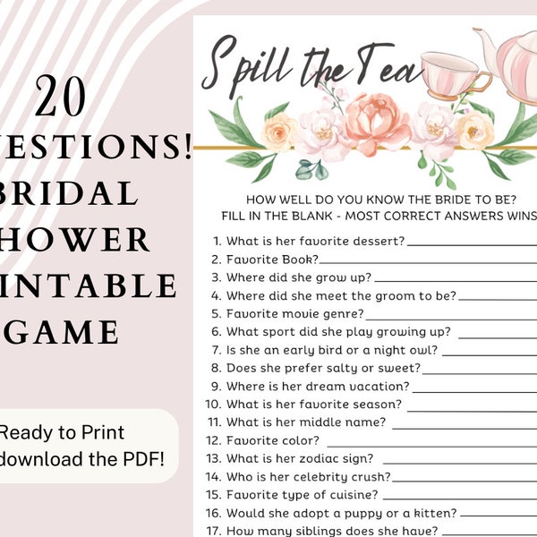 Spill the Tea | Bridal Shower Party Game | 20 Questions| Printable PDF | Canva Design | Floral Party Game | Size 8.5" x 5.5"