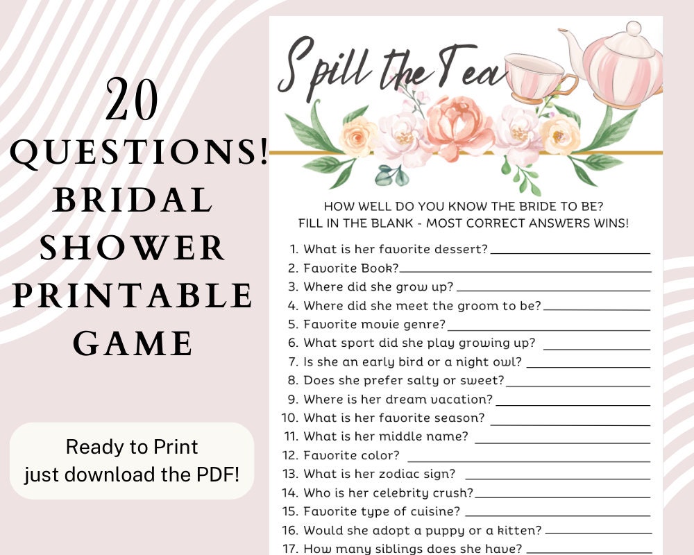 Spill the Tea | Bridal Shower Party Game | 20 Questions| Printable PDF ...
