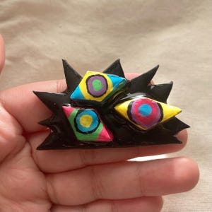以下が含まれることがあります： 黒いトゲのある抽象的な形のピンで、3つの目のようなモチーフが特徴です。それぞれの目は、黄色の外形、青または緑の中間リング、そしてピンク、紫、または青の中心の瞳孔で構成されています。表面は光沢があり、滑らかな仕上がりです。