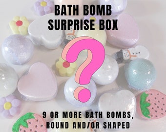 Mystery Box Of Bath Bombs, Surprise Package Of 9 Or More Fizzies, Vegan All Natural Skin Safe, Self Care Gift, Essential Oil Scented