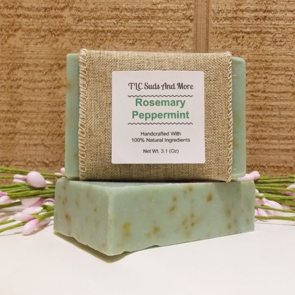 Rosemary Peppermint Cold Process Soap Bar, Artisan Pure Skincare, Body Wash Bar, Essential Oil Blend, Face Hand Cleanse, Fresh Mint Leaf