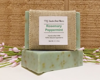 Rosemary Peppermint Cold Process Soap Bar, Artisan Pure Skincare, Body Wash Bar, Essential Oil Blend, Face Hand Cleanse, Fresh Mint Leaf