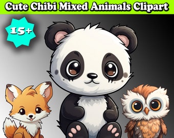 Schattige dieren clipartbundel, ontwerpen in chibi-stijl (digitale download)