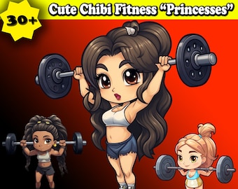 Paquete de imágenes prediseñadas de chicas fitness adorables: estilo chibi (descarga digital)