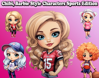 Paquete de imágenes prediseñadas deportivas de muñecas chibi, diseño de camisetas (descarga digital)