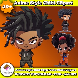 Cute Anime Style Chibi Clipart Bundle DBZ Style Characters Clipart Chibi Style Afro Anime Clipart Dreads and Locs Anime Style New Year Anime
