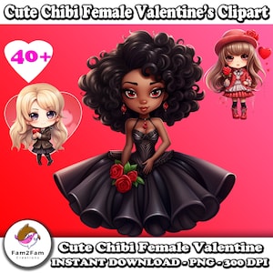 Linda mujer Chibi Valentine Clipart Bundle Cute Girls Cartoon Clipart PNG 300dpi Negro hembra Dreads Lindo Día de San Valentín Clipart con amor