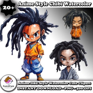 Anime-Stil Chibi Aquarell Clipart Bundle DBZ-Stil Charaktere Clipart Chibi-Stil Afro Anime Dreads und Locks Anime-Stil Aquarell niedlich