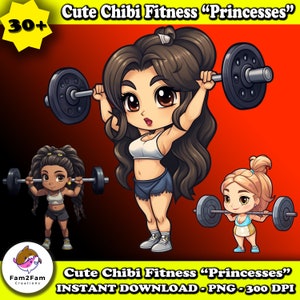Cute Fitness Clipart Bundle Strong Fitness Girls Clip Art Chibi Style Clipart Workout Fitness Lifting Clipart Witness Design Workout Design