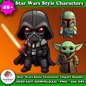 Star Wars Style Character Clipart Bundle PNG Clip Art Space Wars Light Saber Fight Baby Yoda Cute Birthday Clipart Obsessed Star Wars