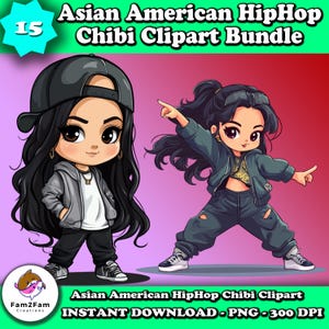 May include: A digital clipart bundle of 15 illustrations featuring Asian American girls in hip hop style. The girls are drawn in a chibi style, which is a Japanese style of cartooning that features characters with large heads and small bodies. The girls are wearing a variety of hip hop clothing, including baggy jeans, hoodies, and sneakers. The illustrations are in a bright, colorful style and are perfect for use in a variety of creative projects.