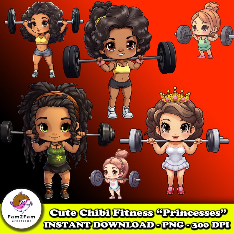Cute Fitness Clipart Bundle Strong Fitness Girls Clip Art Chibi Style