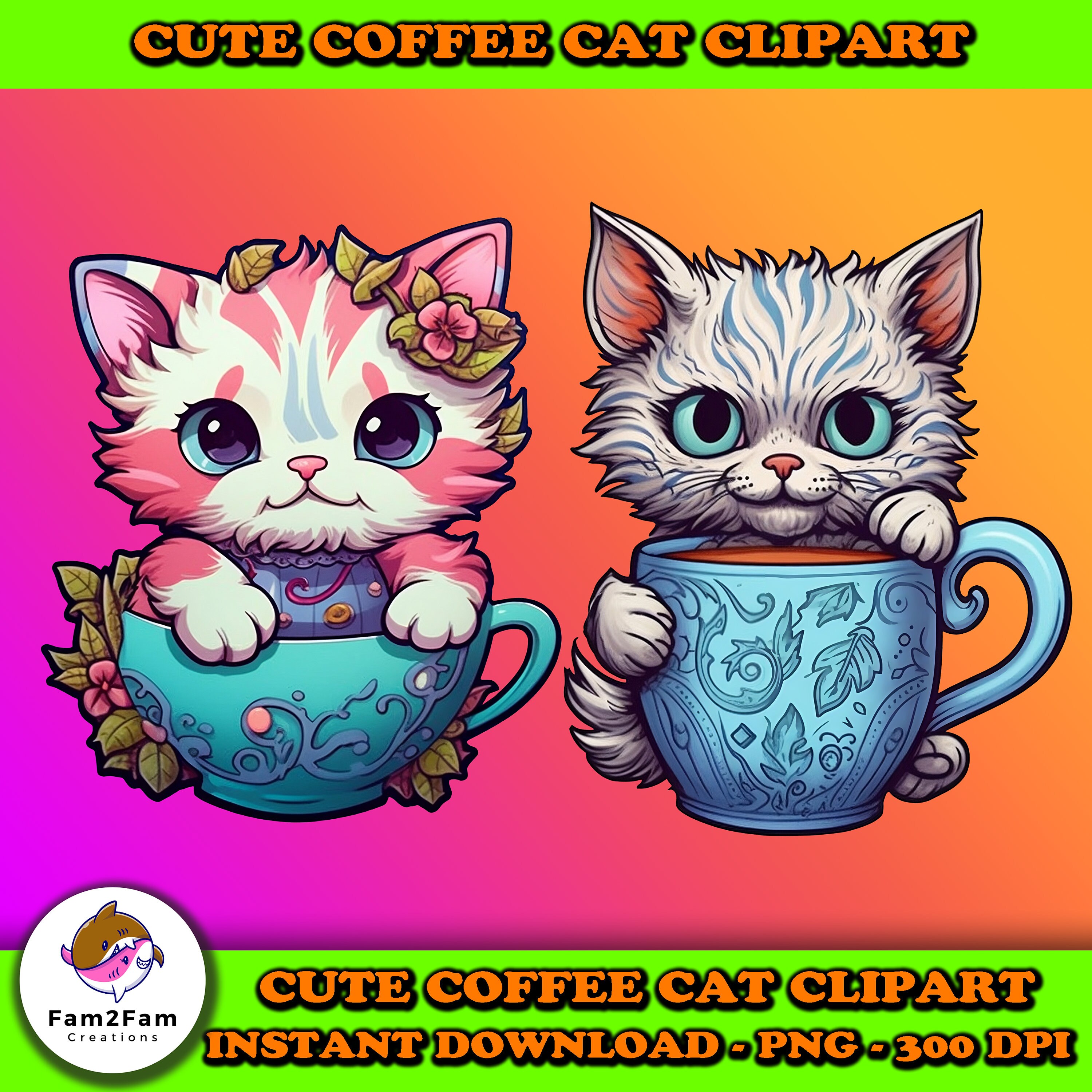Cute Cat Drinking Coffee Clipart Cat Mom Cat Lover Coffee Etsy