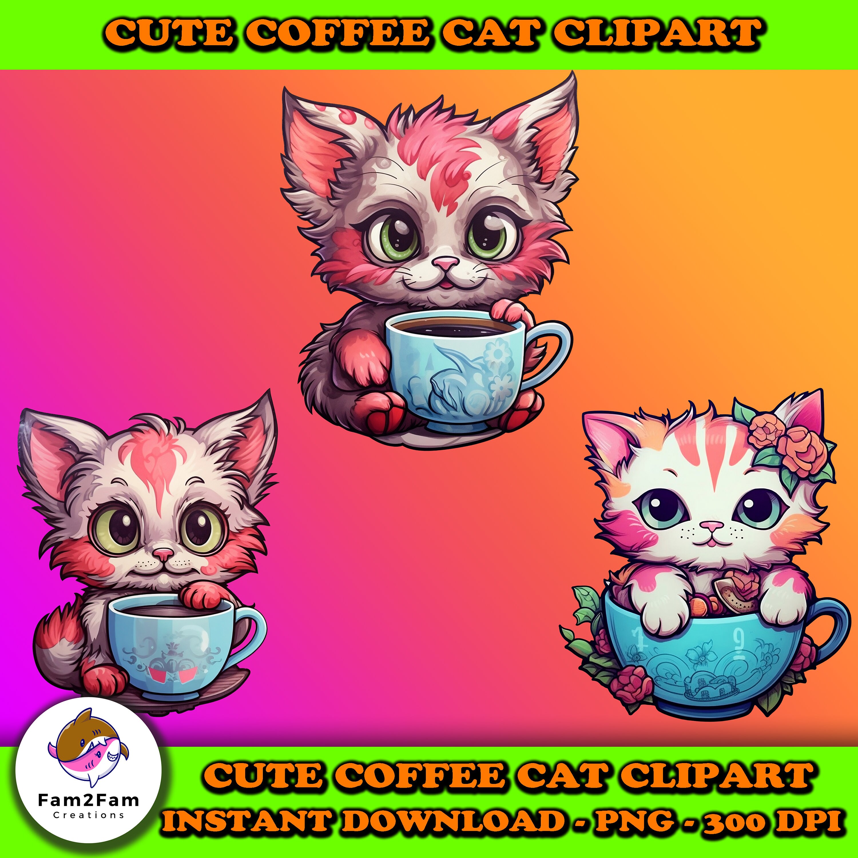 Cute Cat Drinking Coffee Clipart Cat Mom Cat Lover Coffee Etsy