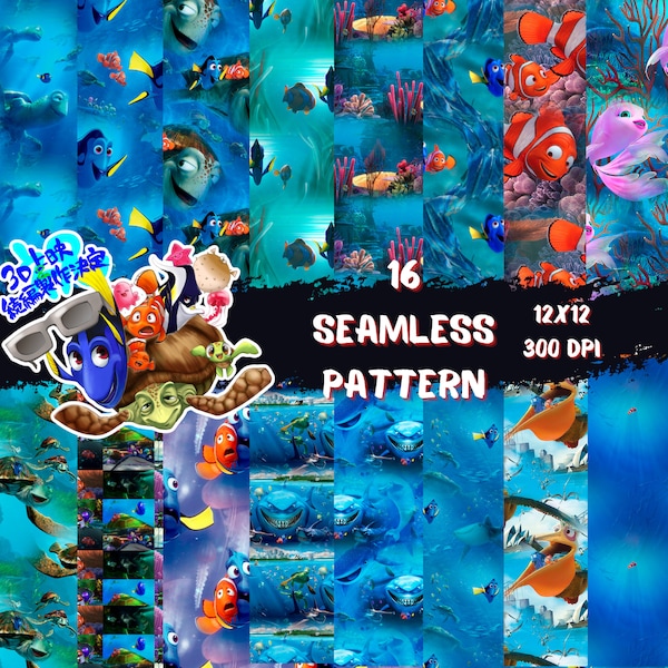 SEAMLESS PATTERN! Finding Nemo,Dory, Finding Nemo paper, paper, digital paper, 12x12 inches, 300 dpi, Dory paper, turtle paper