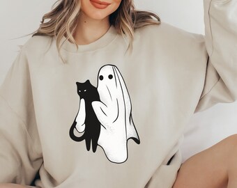 Sudadera de gato fantasma de Halloween, sudadera de Halloween de gato, camisa de Halloween de gatos lindos, camisa de gato negro fantasma, camisa de gatos fantasma de temporada espeluznante