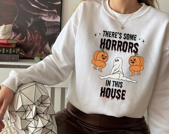 Sudadera divertida de Halloween, hay algunos horrores en esta sudadera de la casa, suéter retro de Halloween, camisa de calabaza divertida, camisa de temporada espeluznante