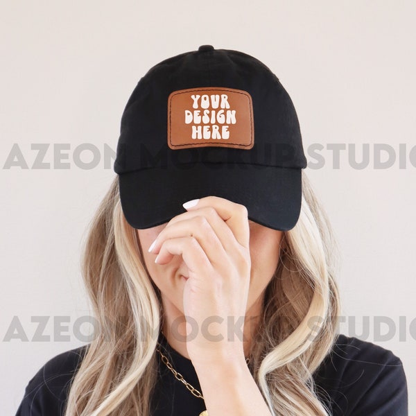 Dad Hat With Leather Patch Mock up Mockup Black Light Brown Patch Hat Mockup Dad Hat Cap Mockup Print On Demand Mockup POD Mockup