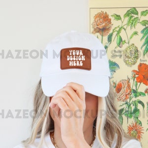 Dad Hat With Leather Patch Mock up Mockup White Light Brown Patch Hat Mockup Dad Hat Cap Mockup Print On Demand Mockup POD Mockup