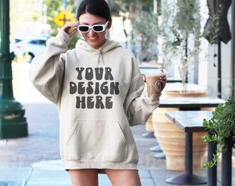 Gildan 18500 Sand Hoodie Mockup Oversized Sand Sweatshirt Mockup Model Mockup Trendy Mock Preppy Mockup Aesthetic Mockup Outdoor Mockup