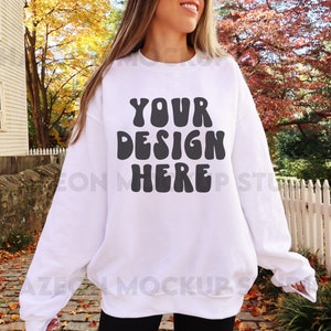 Gildan 18000 White Crewneck Sweatshirt Mockup Fall Mockup Oversized White Hoodie Mockup Aesthetic Mockup Outdoor Trendy Mock Model Mockup