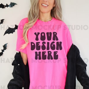 Comfort Colors C1717 Neon Pink Mockup Halloween Mockup Fall Mockup Oversized Pink Tshirt Mockup Trendy Mock Aesthetic Mockup Model Mock