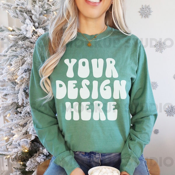 Comfort Colors 6014 Light Green Christmas Mockup Longsleeve Mockup Tshirt Mockup Trendy Mock Christmas Aesthetic Mockup Words On Back Model