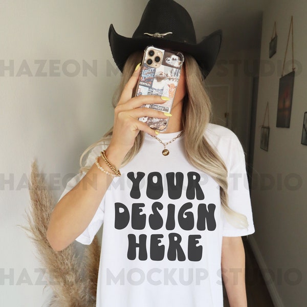 Comfort Colors C1717 White Mockup Cowgirl Western Oversized White Tshirt Mockup Trendy Mock Aesthetic Mockup Words On Back Model Mockup