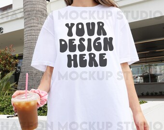 Comfort Colors C1717 White Mockup Oversized Shirt White Outdoors Mockup Aesthetic Mockup Iced Coffee Mockup Model Mockup Trendy Mock White