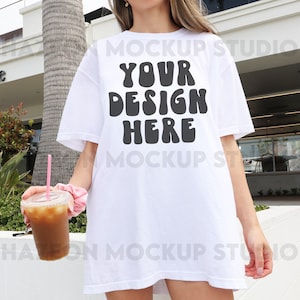Comfort Colors C1717 White Mockup Oversized Shirt White Outdoors Mockup Aesthetic Mockup Iced Coffee Mockup Model Mockup Trendy Mock White