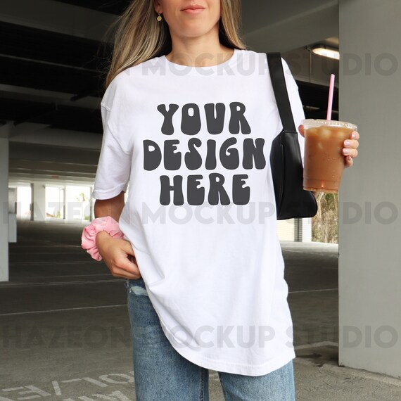 Comfort Colors C1717 White Mockup Oversized Shirt White Outdoors Mockup Aesthetic Mockup Iced Coffee Mockup Model Mockup Trendy Preppy White