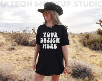 Comfort Colors C1717 Black Mockup Oversized Black Tshirt Mockup Trendy Mock Cowgirl Western Aesthetic Mockup WordsBack Model Mockup
