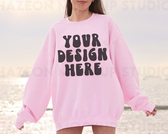 Gildan 18000 Light Pink Mockup Aesthetic Oversized Beach Light Pink Hoodie Mockup Gildan Pink Crewneck Trendy Mock Outdoors Words on Back