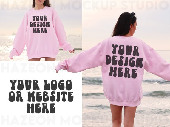 Gildan 18000 Light Pink Front Back Mockup Oversized Outdoors Hoodie Mockup Gildan Pink Crewneck Aesthetic Mockup Trendy Words on Back