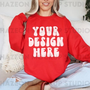 Gildan 18000 Red Mockup Crewneck Sweatshirt Mockup G180 Oversized Red Mockup Aesthetic Boho Neutral Mockup Trendy Model Mockup