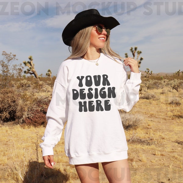 Gildan 18000 White Sweatshirt Mockup Oversized Sweatshirt Mockup Trendy Mock Cowgirl Western Aesthetic Mockup Words On Back Model Mockup