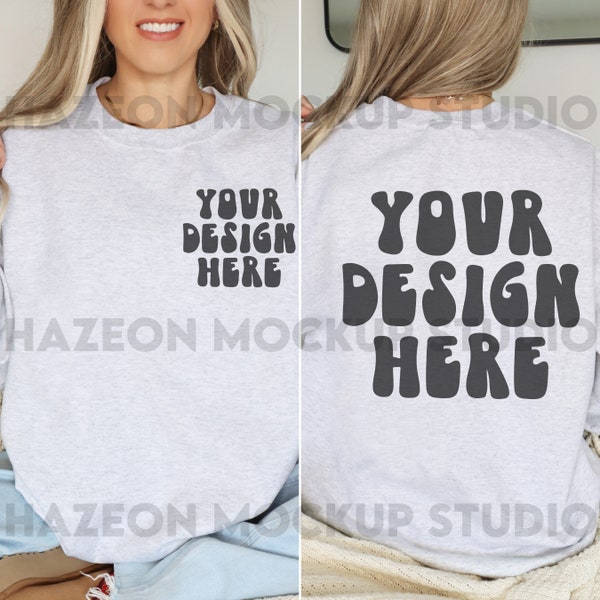 Gildan 18000 Front And Back Mockup Ash Grey Gray Mock Up 18000 Oversized Simple Ash Mockup Boho Neutral Ash Aesthetic Mockup Words on Back