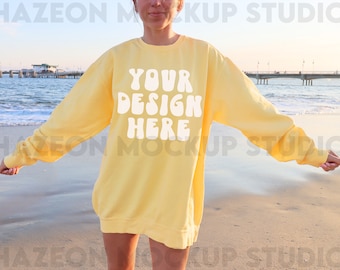 Comfort Colors 1566 Butter Mockup Oversized Comfort Colors Sweatshirt Mockup Beach Outdoors Lifestyle Aesthetic Trendy Crewneck Mockup