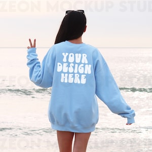 Gildan 18000 Light Blue Back Mockup Oversized Aesthetic Beach Light Blue Hoodie Mockup Gildan Crewneck Trendy Mock Outdoors Words on Back